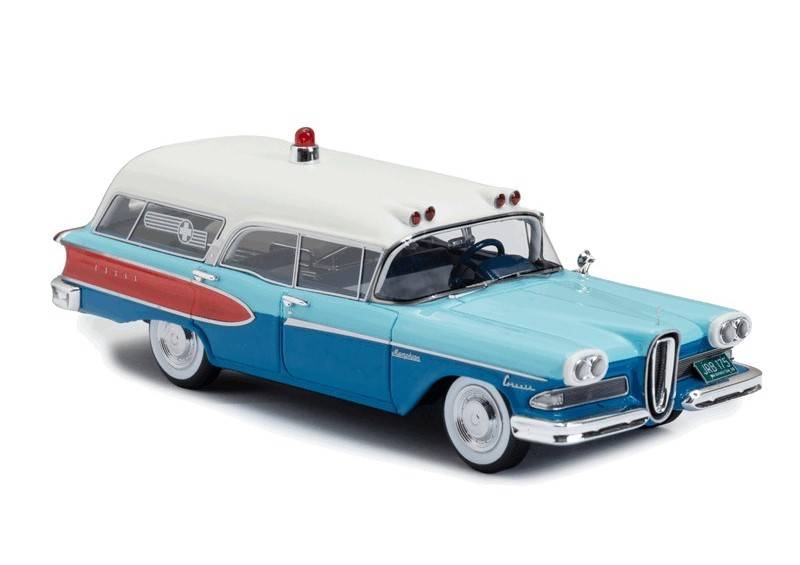 ESVAL MODELS 1:43 Edsel Corsair ambulance by Memphian Coachwork Co. - 1958 (red / light blue / blue / white) EMUS43086E