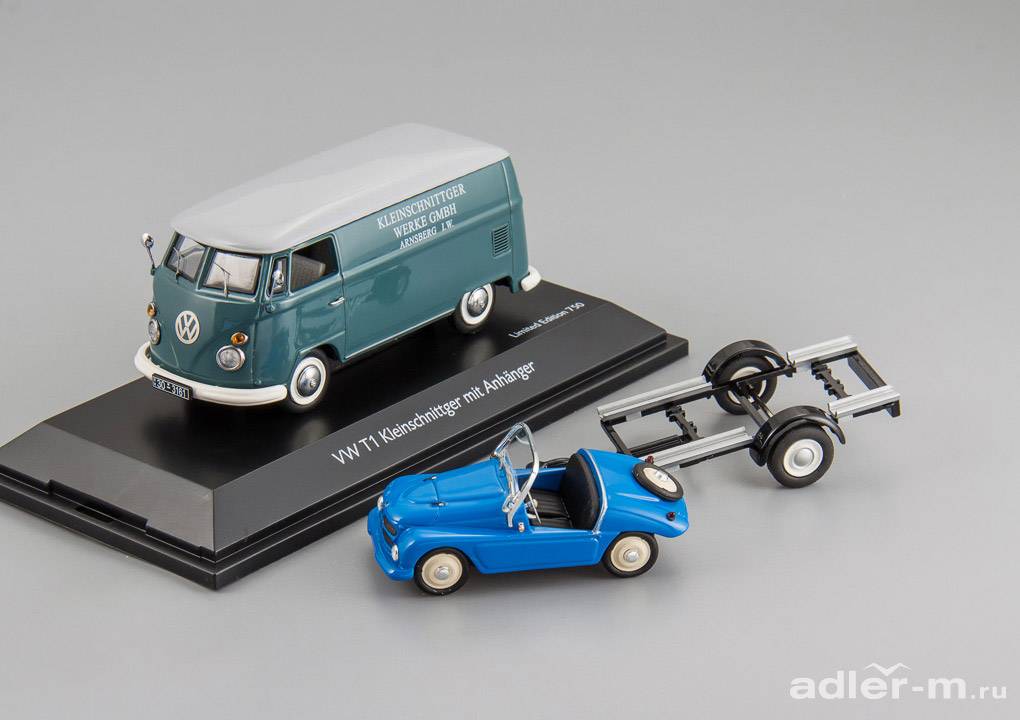 SCHUCO 1:43 Volkswagen T1c box van "Kleinschnittger" with trailer and Kleinschnittger F125 45 037 4100